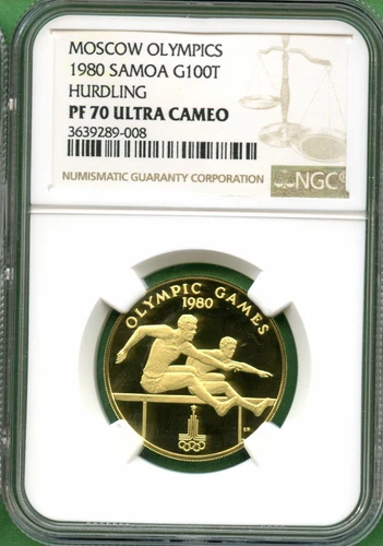 SAMOA  1980   100T   MOSCOW OLYMPICS  HURDLING  NGC PF 70 ULTRA CAMEO  0.2211 OZ