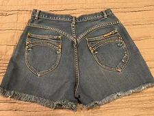 Women's Vtg P.S. GITANO Cut Off High Rise Medium Wash Denim Jean Shorts Size 28