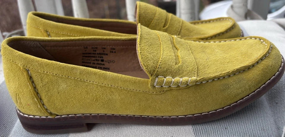 Women's Mustard Yellow Suede Hush Puppies Bounce Penny Loafers Slip On Shoes 7 - Image 2 of 4