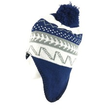 Polar Wear Kids Beanie Hat Ear Flaps Fleece Lined Striped Knit Pom Blue White OS