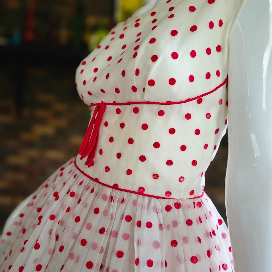 Vintage 50s Flocked Cherry Red Polka Dot Organza Shelf Bust Prom Wedding Dress  S | eBay