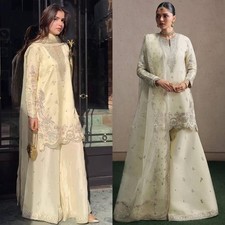 Women Cream Embroidered Pakistani Salwar Kameez 3Pc Suit Dupatta Party Wear