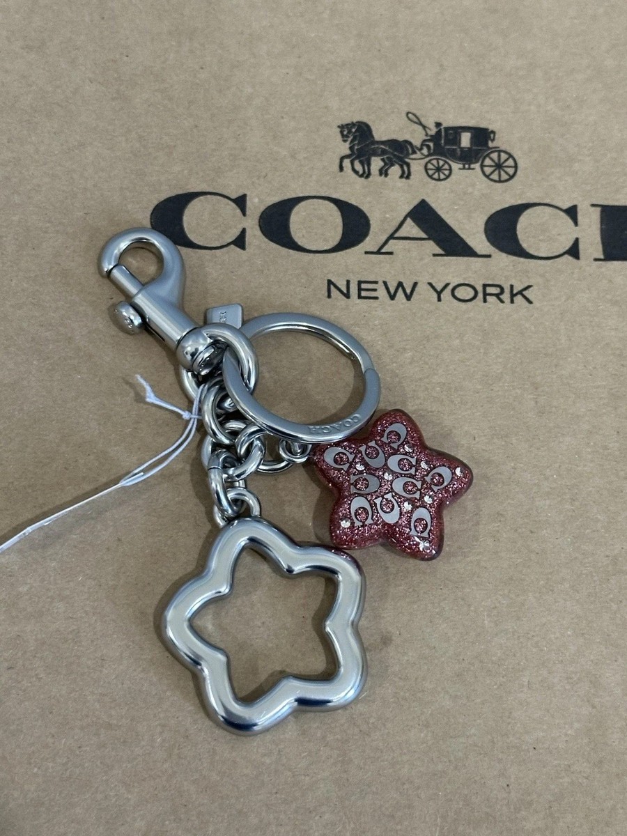 NWT COACH Signature Star Bag Charm Key Ring FOB Silver Pink Petal