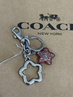 COACH チャーム NWT COACH Signature Star Bag Charm Key Ring FOB Silver Pink Petal