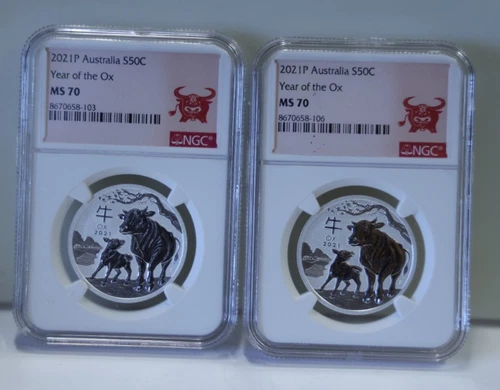 (2) 2021 P Australia 50c 1/2 oz. Silver Year of the Ox NGC MS70.