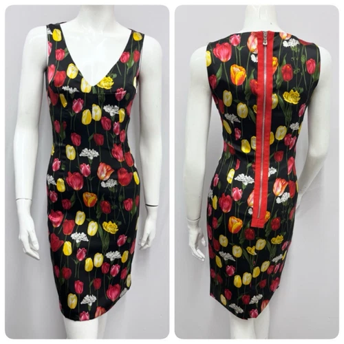 OFF WHITE Abito Dolce & Gabbana seta tulipani nero rosso giallo verde bianco sporco taglia XS