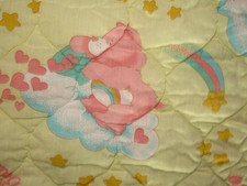 VTG 33X41 CURITY YELLOW W PINK BLUE CARE BEARS COTTON BLEND QUILTED BABY BLANKET