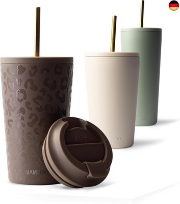 MAMEIDO Thermal Mug with Straw, 470 ml, Drinking Cup with Lid and Straw Made of