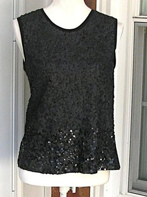NWT DKNY Donna Karan black sleeveless sequin sweater shell top shirt Large luxe