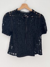 Black Floral Lace Blouse High Neck with Tie Detail & Puff Sleeves  - Size 6