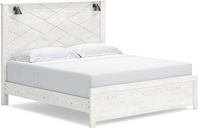 Gerridan White King Panel Bed with Sconce Lights & Metal Slats, No Box Spring Ne