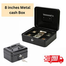 8" Lockable Metal Cash Box with 2 Keys – Steel Petty Cash Money Safe Tin Black..