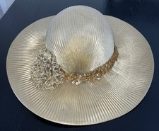 VTG DAVID M Gold Metallic Pleated Derby Church Dress Hat Wide Brim Sequin Band