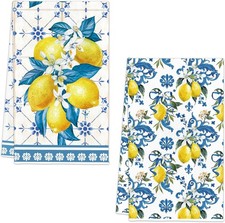 Lemon Summer Kitchen Towels, Bule Diamond Check Bamboo Lemon Dish Towels Set of