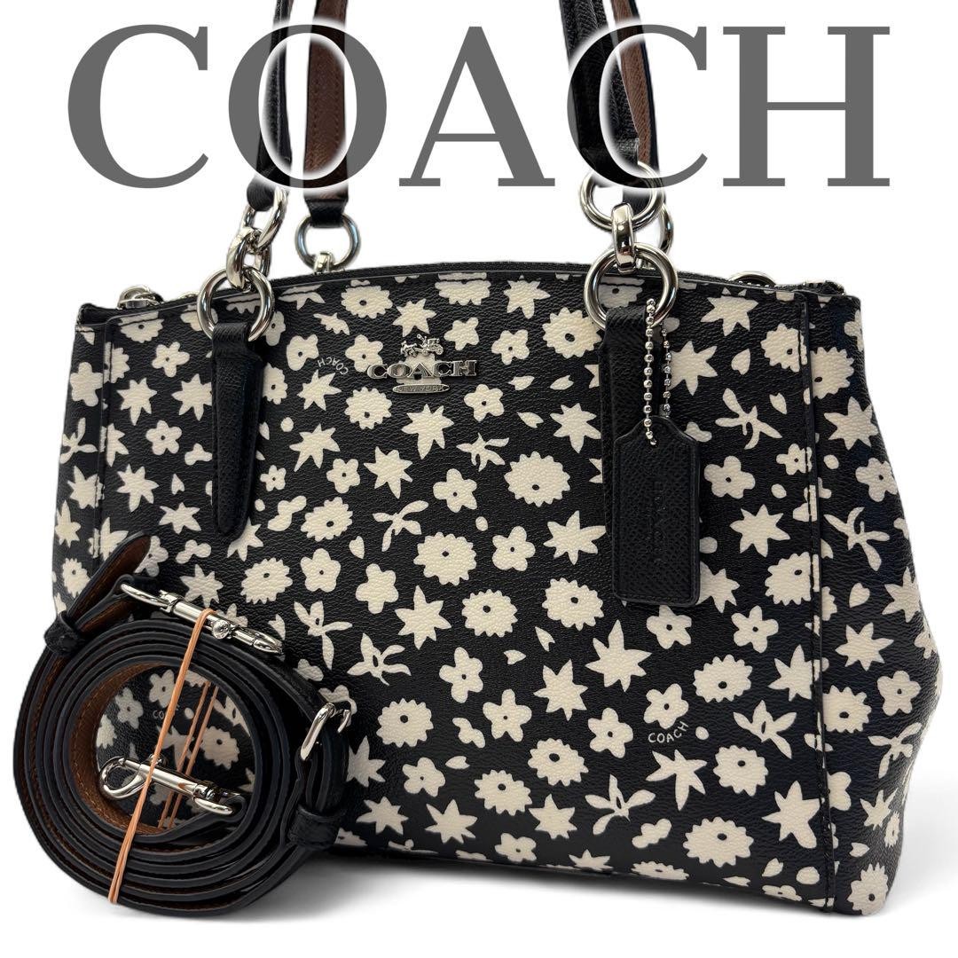 Coach Leather 2-Way Shoulder Bag with Floral Pattern in Black D71