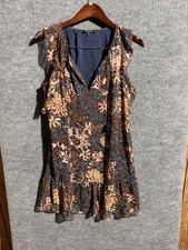 Madewell Dress Womens Medium Blue Floral Sleeveless V Neck Ruffle Hem Swing Boho