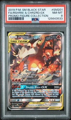 2019 POKEMON BLACK STAR PROMO SM201 FULL ART/RESHIRAM & CHARIZARD GX PSA 8