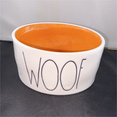 #ad Rae Dunn WOOF Ceramic Standard Dog Bowl White Orange Dishwasher Magenta $12.00
