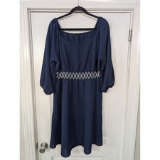 Bloom Chic Navy Square Neck Smocked Waist Balloon Sleeve Midi Dress Plus 14-16