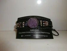 New Moon Studio Amethyst Leather Adjustable Bracelet Crystal Gemstone Purple