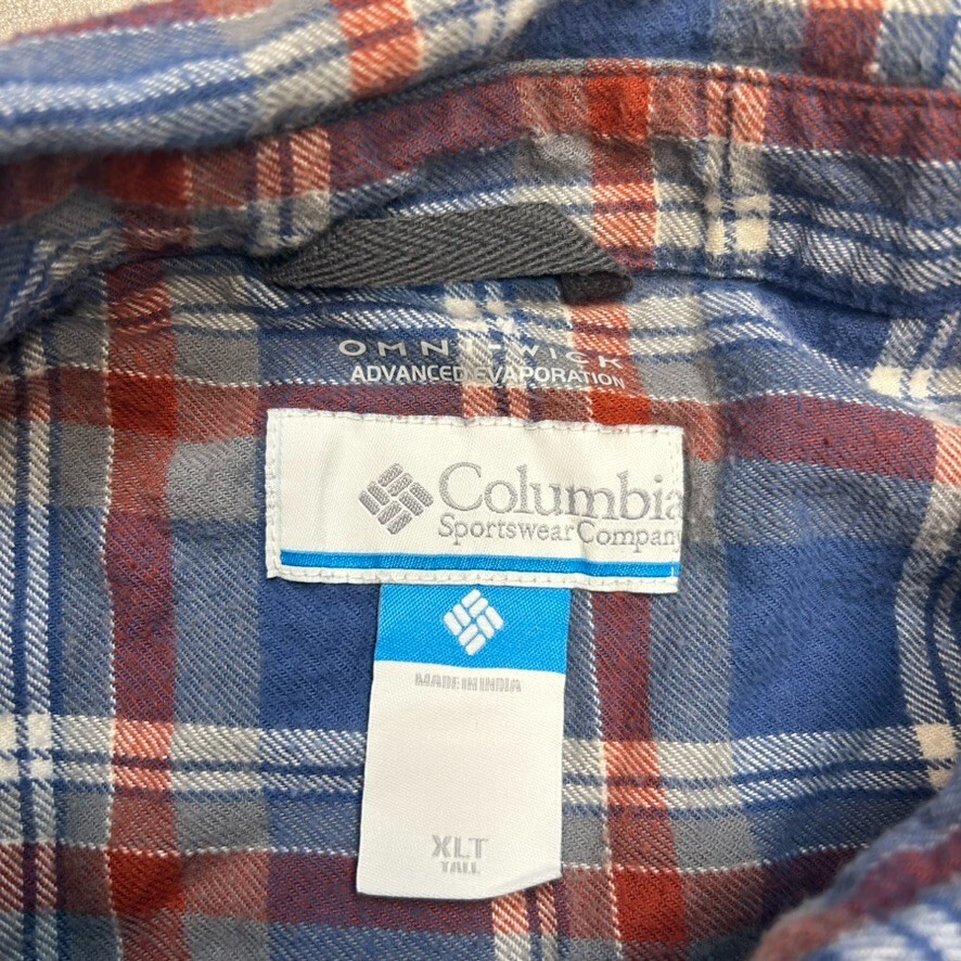 Columbia Omni Wick Checkered Shirt Mens XL Tall Flannel 100% Cotton Top, Blue image 7