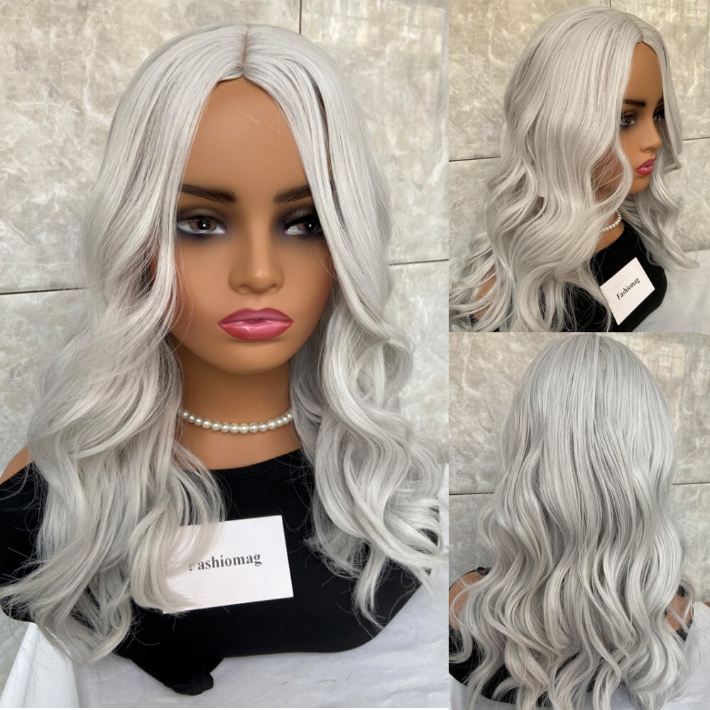 Long Wavy Light Silver Gray Middle Part Synthetic Hair Wigs  display picture 1