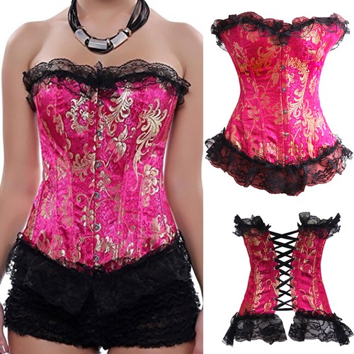 Women Lace-Up Boned Bustier Corset Overbust Burlesque Top Lingerie Waist Cincher - Picture 27 of 34