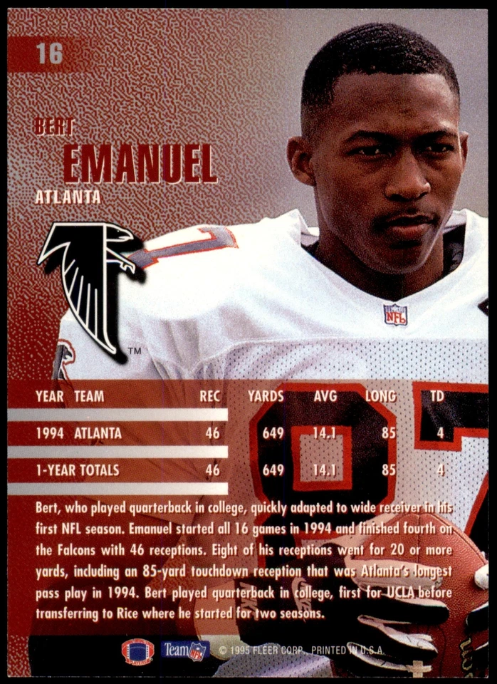 Bert Emanuel #16 1995 Fleer - Image 2 of 2
