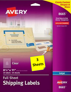 3 Sheets Avery 8665 Full Sheet Clear Labels Inkjet 8 5 X 11 Ebay