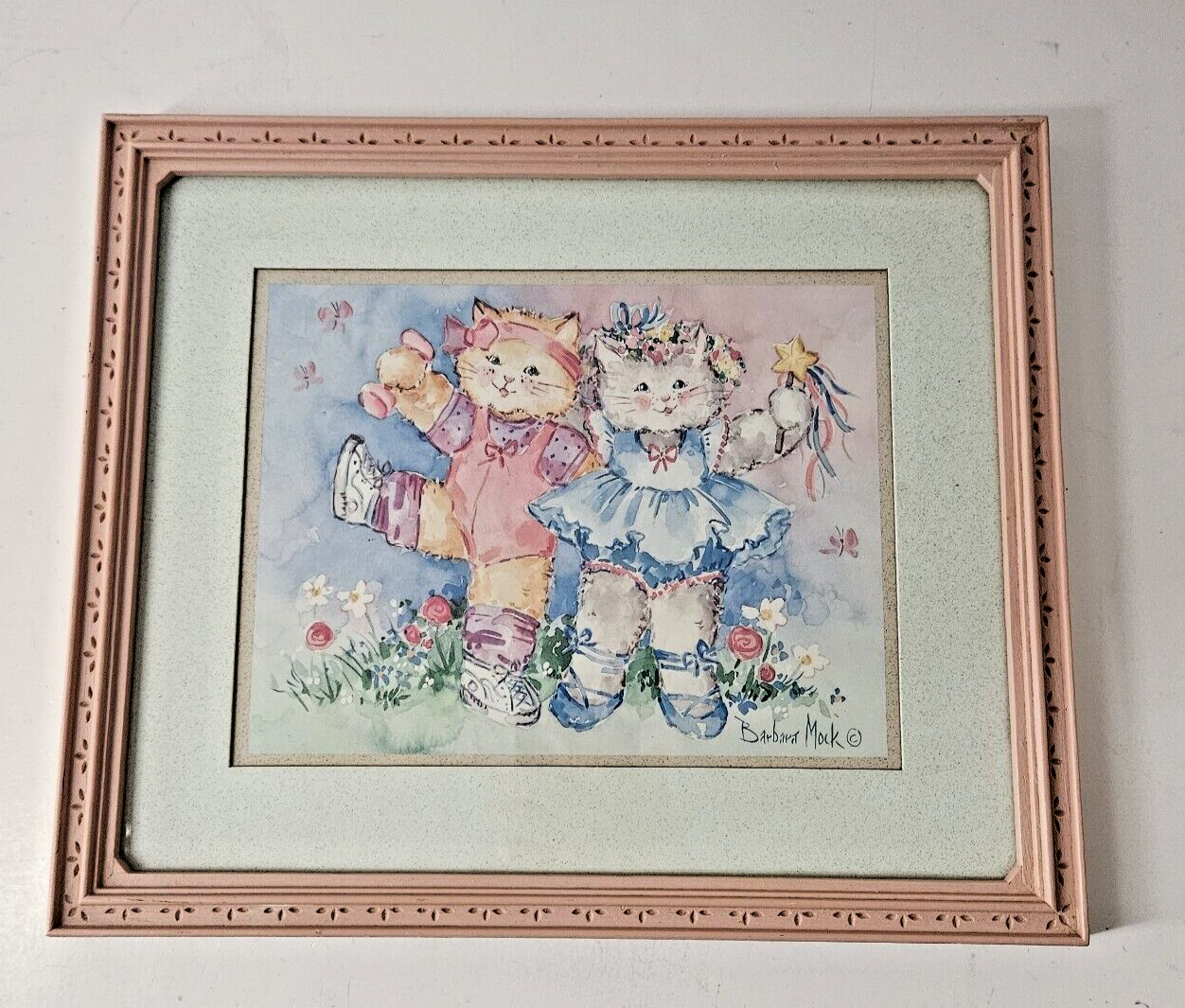 Vintag Barbara Mock Dancing Cats Nursery Print Framed Matted Gift for Cat Lover
