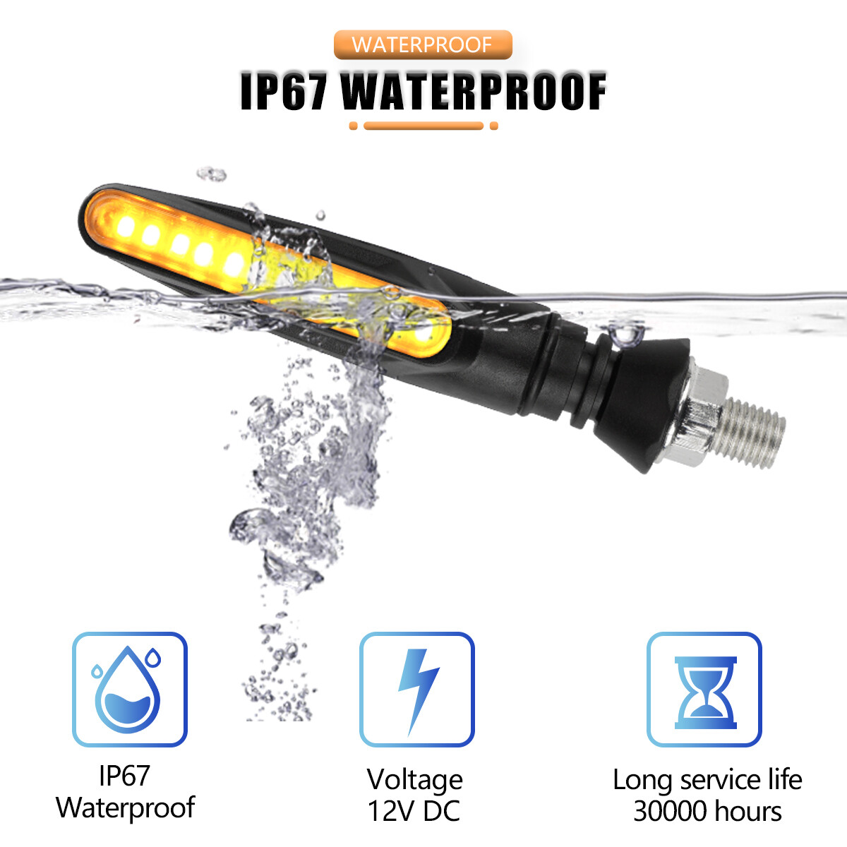 4-Piece Sequential LED Turn Signal Lights For Motorcycle - Amber Flowing Water Pattern, 12V