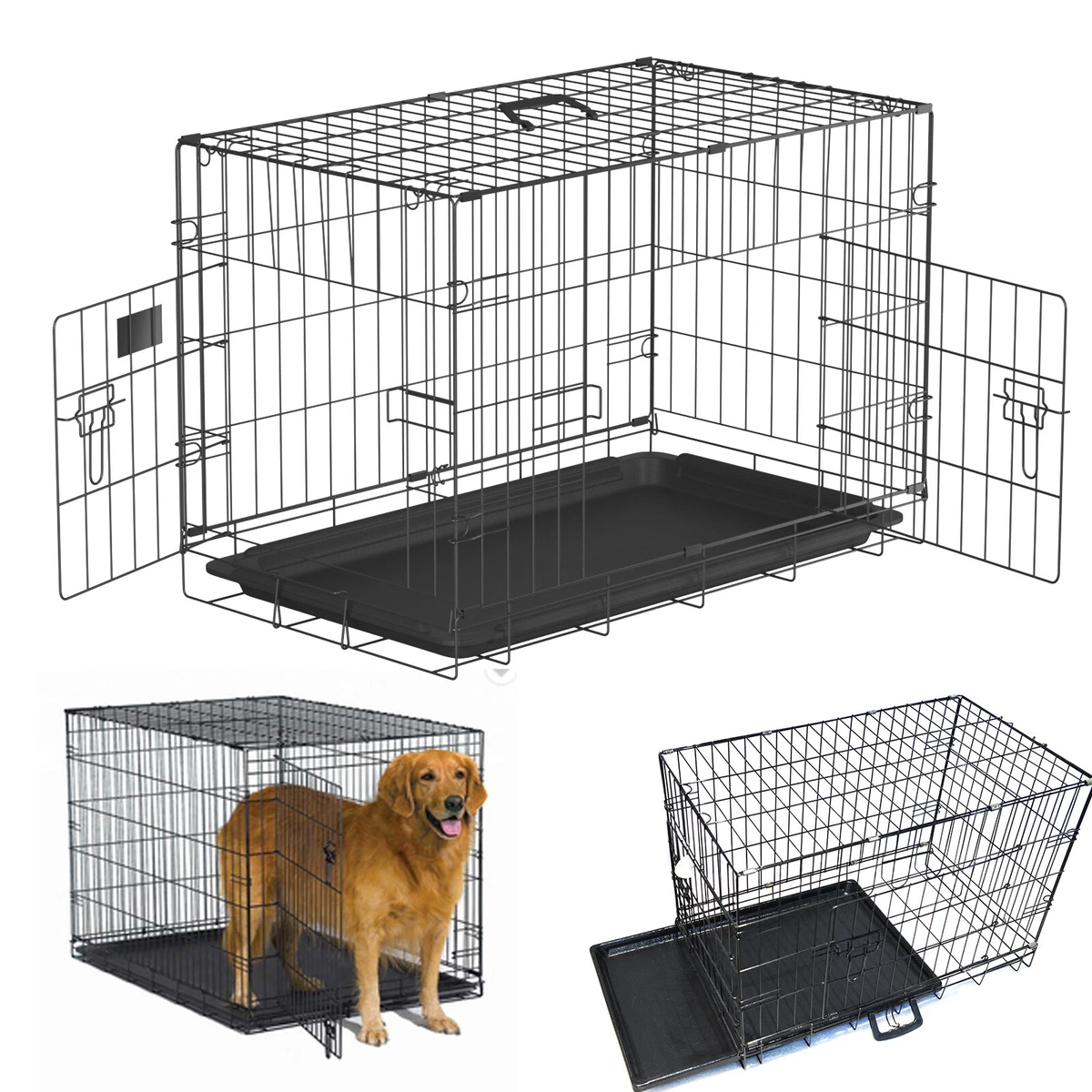 Folding Dog Cage with Tray Metal Crate Puppy Pet Cat Carrier Training S M L XL