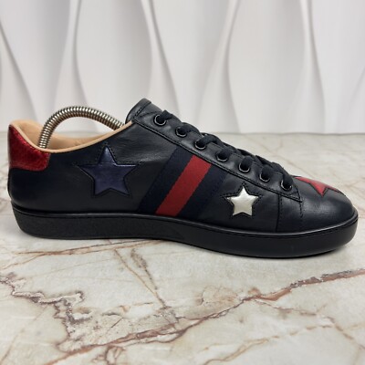 Gucci Ace Metallic Stars Web Low Top Sneakers Black Leather Gucci Ace Metallic Stars Web Low Top Sneakers Black Leather