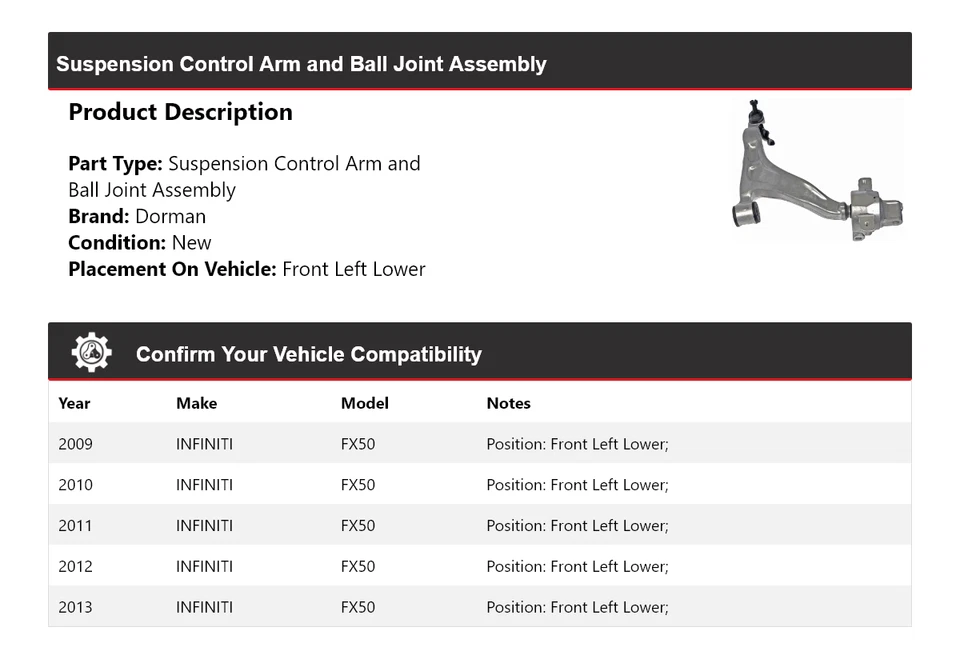 Conjunto de rótula de brazo de control Dorman Infiniti FX50 2009-2013 2010 20 Foto 2 de 4