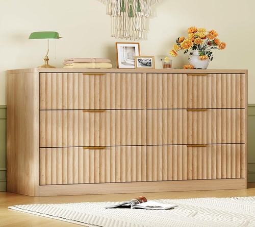 Fluted Drawer Dresser for Bedroom Wide Modern Chest of Drawers with Metal Handle