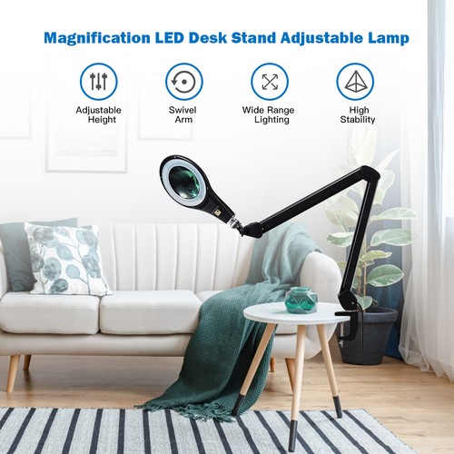 LED Magnifying Glass Desk Lamp w/ Swivel Arm & Clamp 2.25x Magnification Black - Picture 2 of 8