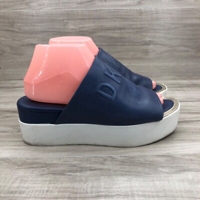 DKNY Mule Sandals Womens Blue Leather Platform Slip On Slide Shoes