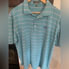 Peter Millar Summer Comfort Polo Shirt Light Blue Pink Stripe Size XL Stretch