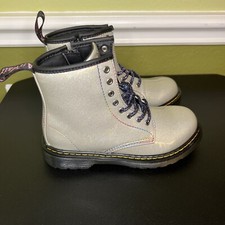 Dr Doc Martens 1460 Glitter J Boots Size 2 Big Kid Silver Metallic Combat Boots