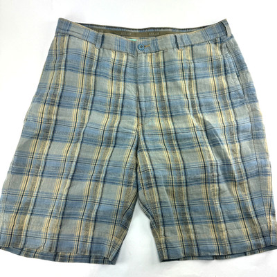 TOMMY BAHAMA RELAX 100% Linen Shorts Mens 38 Blue Plaid Bermuda Casual Golf