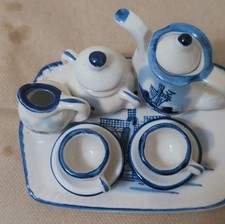 Blue White Vintage Miniature Tea Set 6 Pc Windmill Design
