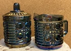VTG Indiana Glass Blue Iridescent Carnival Glass Creamer & Lidded Sugar Dish