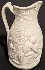 1850's White Stoneware Salt Glaze "Gleaner" Relief Molded Water Jug Pitcher NICE