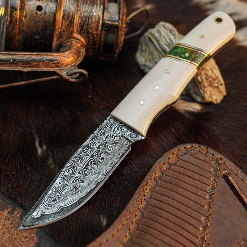 9.2" Hunting EDC Damascus Knife Handmade Full Tang Resin Handle Leather Sheath