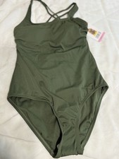 Hurley Women  s One Piece Swimsuit Small Green Ribbed Cross Back NWT