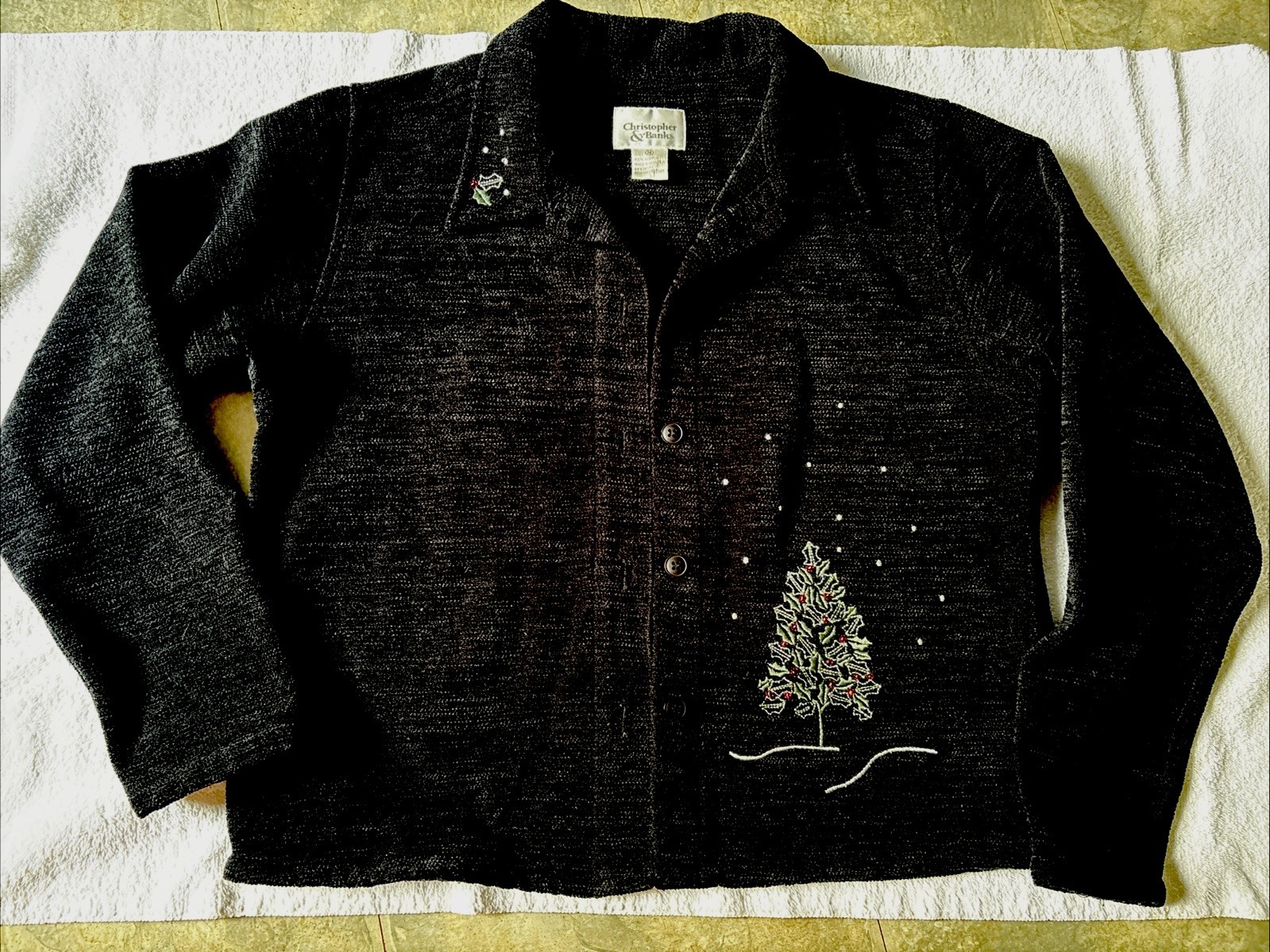 Christopher & Banks Cardigan Sweater Women’s M, Black Acrylic Christmas Tree