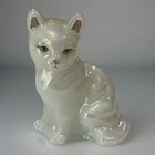 Vintage Fenton Opalescent Iridescent White Cat Figurine Signed T. Neader