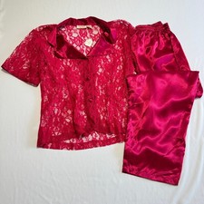 NWT Vintage Victorias Secret Red Lace Satin Pajama Set Button Front Large