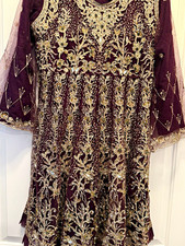 Women  s Handmade Pakistani Purple  Gold Embroidered Net Salwar Kameez Dupatta M