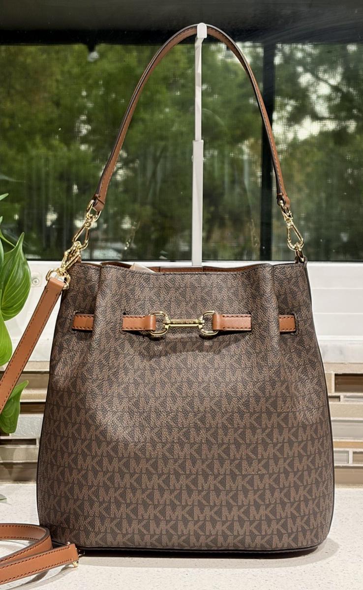 MICHAEL KORS CARSON MEDIUM BUCKET BROWN MK LOGO SHOULDER CROSSBODY